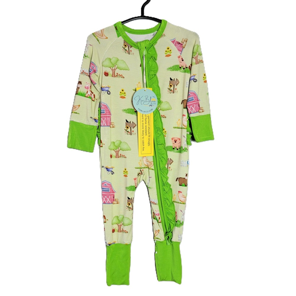 Kai Blue Bamboo Baby Farm Animals Zippy Pajamas 3-6 Months Girls‎ Ruffle NWT